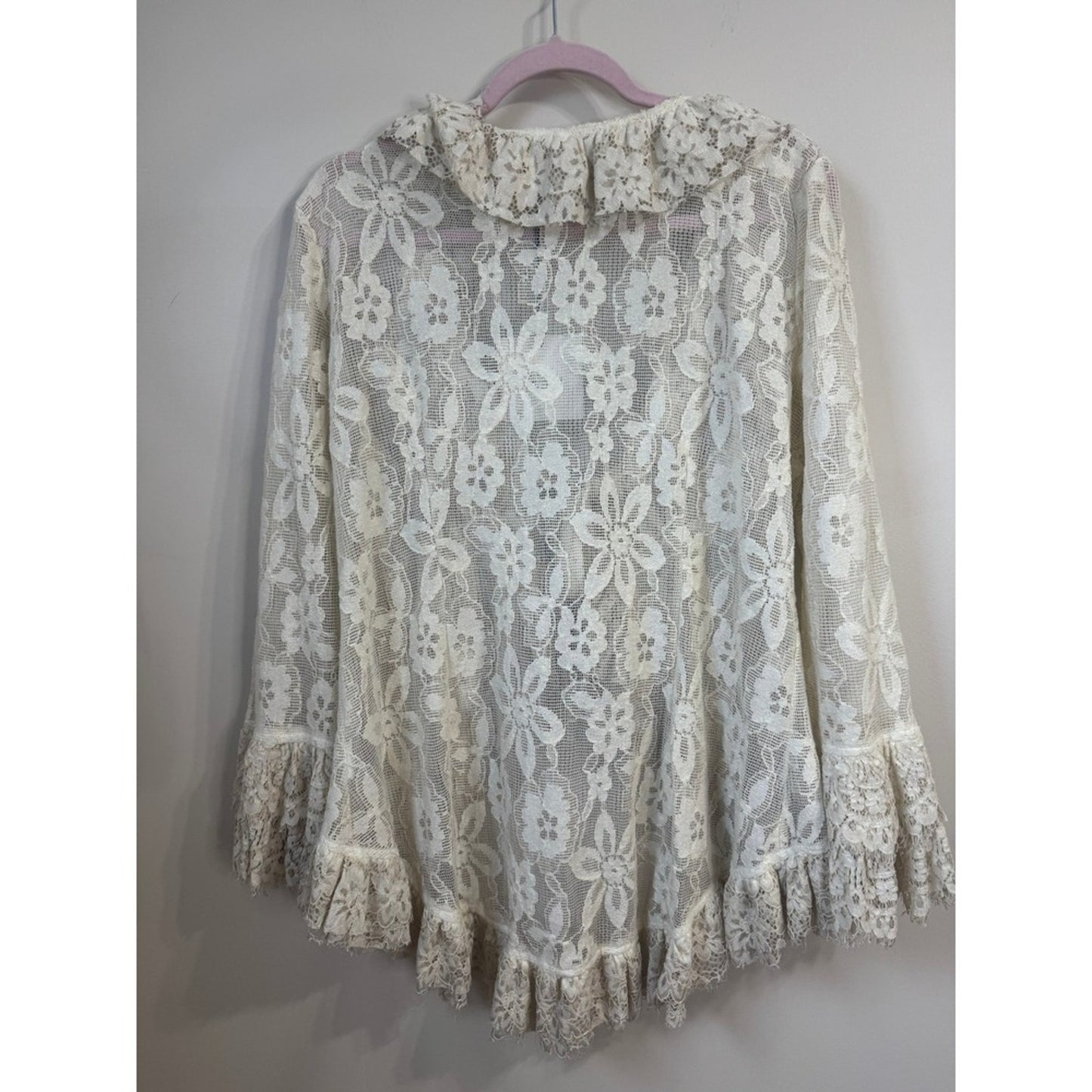 Jaded Gypsy Cream Floral Lace Ruffle Tie Front Cardigan Bohemian Romantic S/M