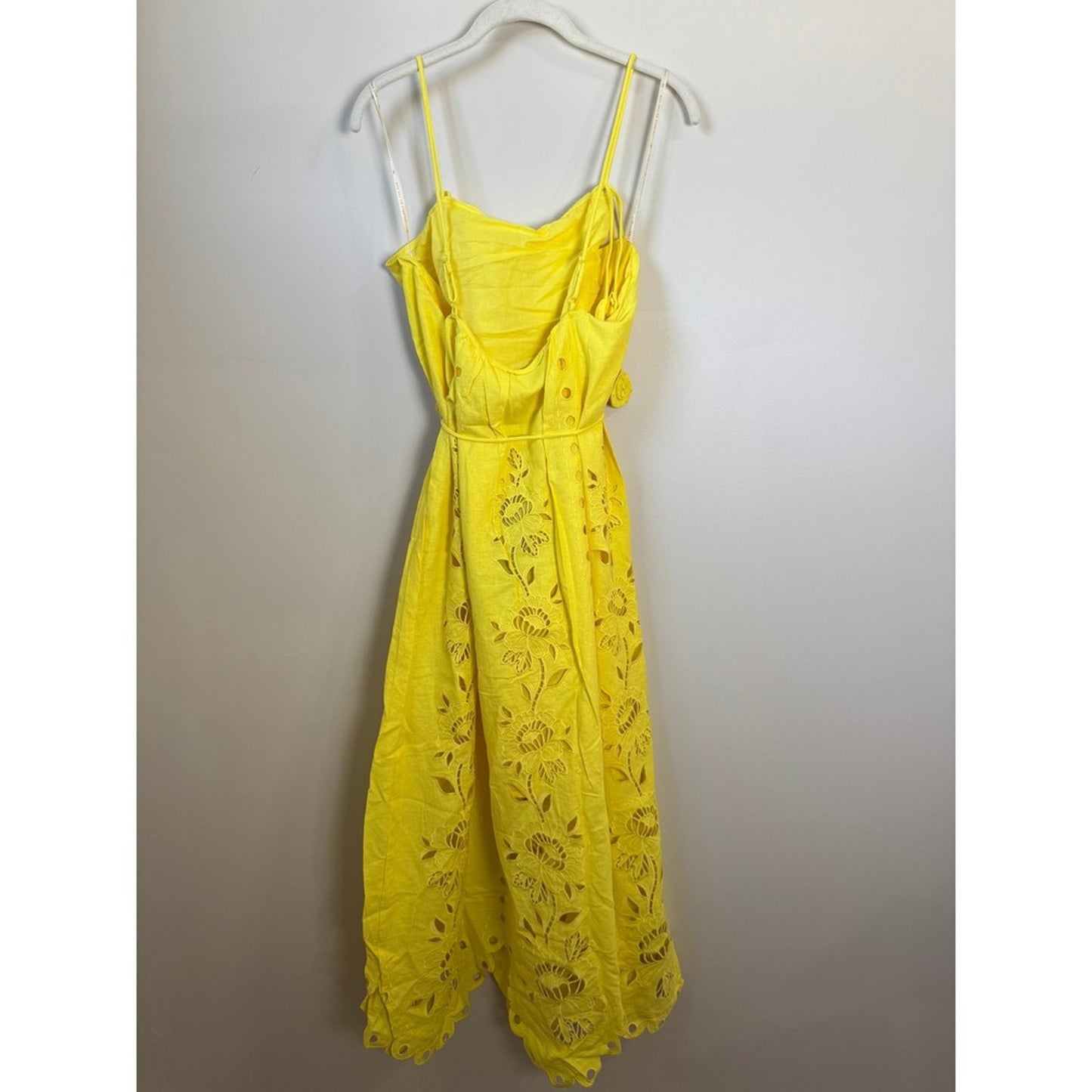 Farm Rio Yellow Floral Eyelet Midi Dress Scalloped Hem Tie Waist NWT