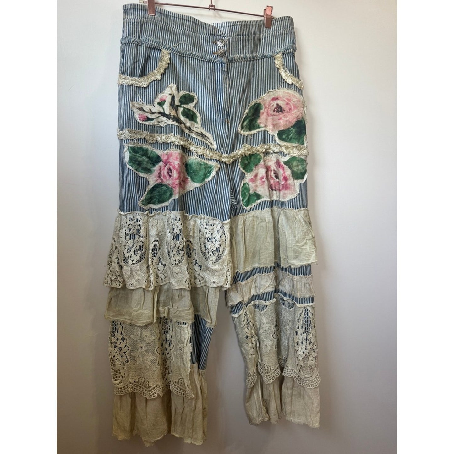 A Rare Bird Floral Applique Lace Ruffle Tiered Wide Leg Pants Blue Cream