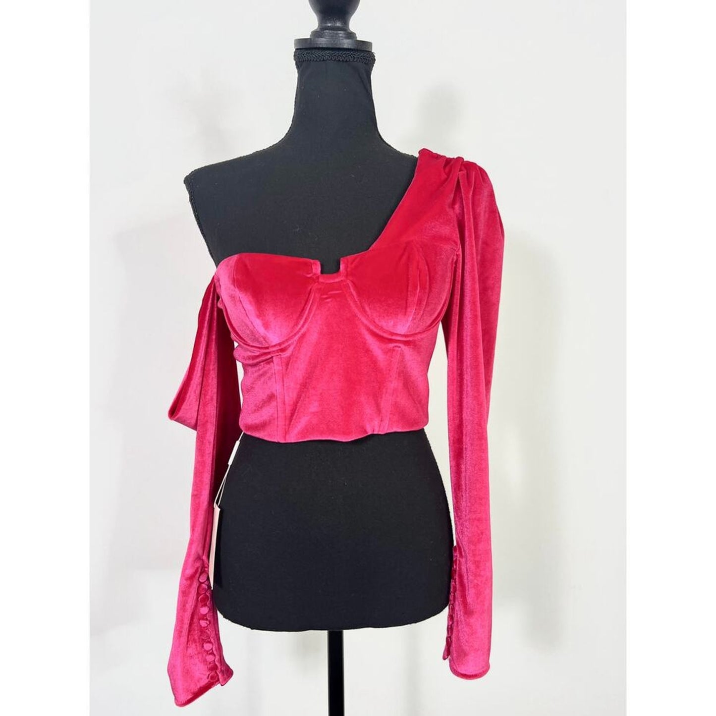 Self Portrait Velvet Crop‎ Top Fuchsia Size 4 One Shoulder Lined Party Cocktail