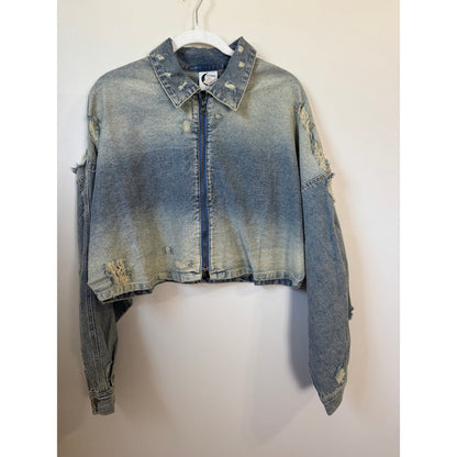 Jaded Gypsy Distressed Cropped Denim Jacket Ombre Blue Star Patch Zip Front Mens