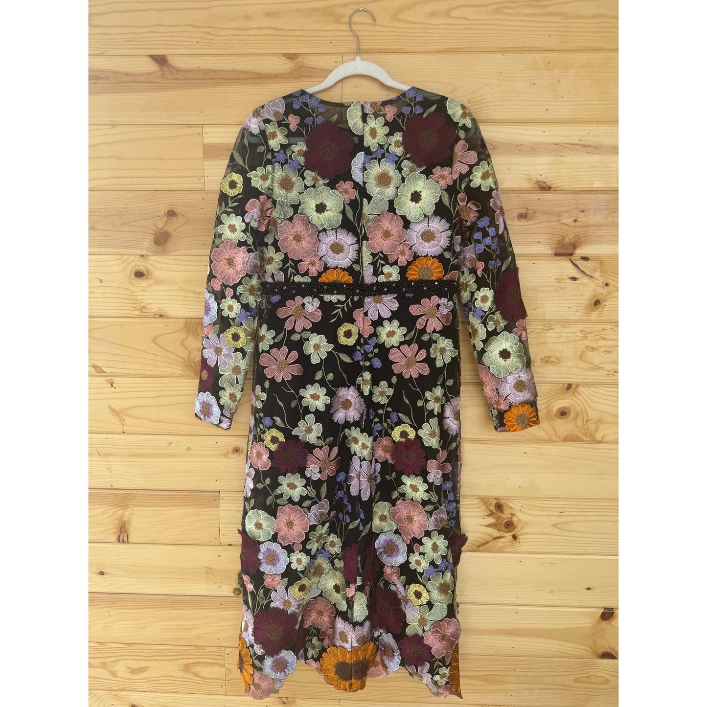 Mac Duggal Floral Applique Long Sleeve Midi Dress Black Multi Sz 10 STYLE 68462