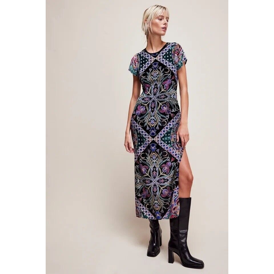 Free People Iris Maxi Dress in Multi Size Small Floral Short Sleeve Side Slit