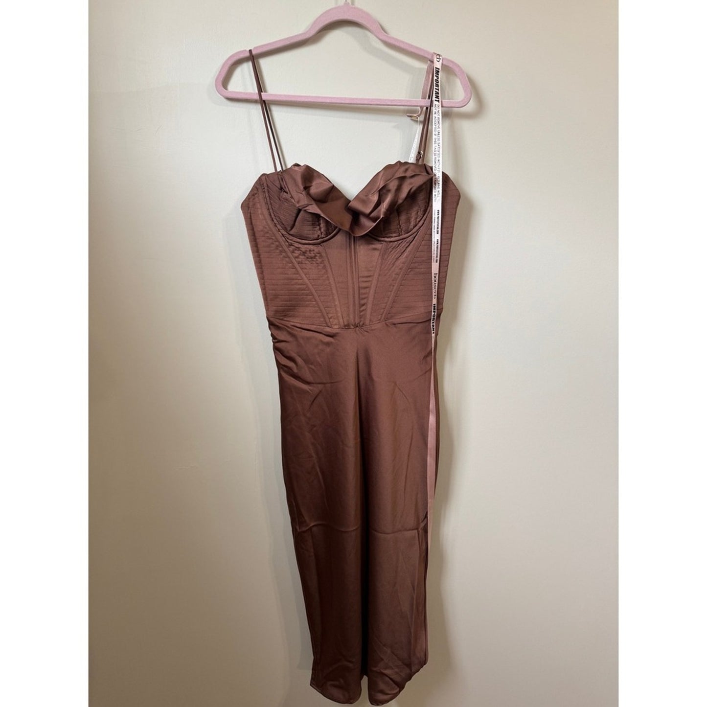 House of CB Brown Satin Corset Cowl Neck Midi Dress Chocolate Boned Bodice NWT