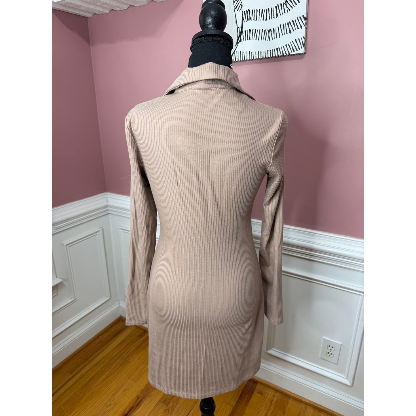 Reformation Mini Shirt Dress in Brown Medium Ribbed Long Sleeve Button-Up