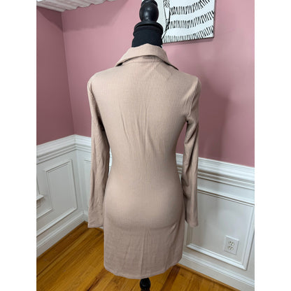 Reformation Mini Shirt Dress in Brown Medium Ribbed Long Sleeve Button-Up