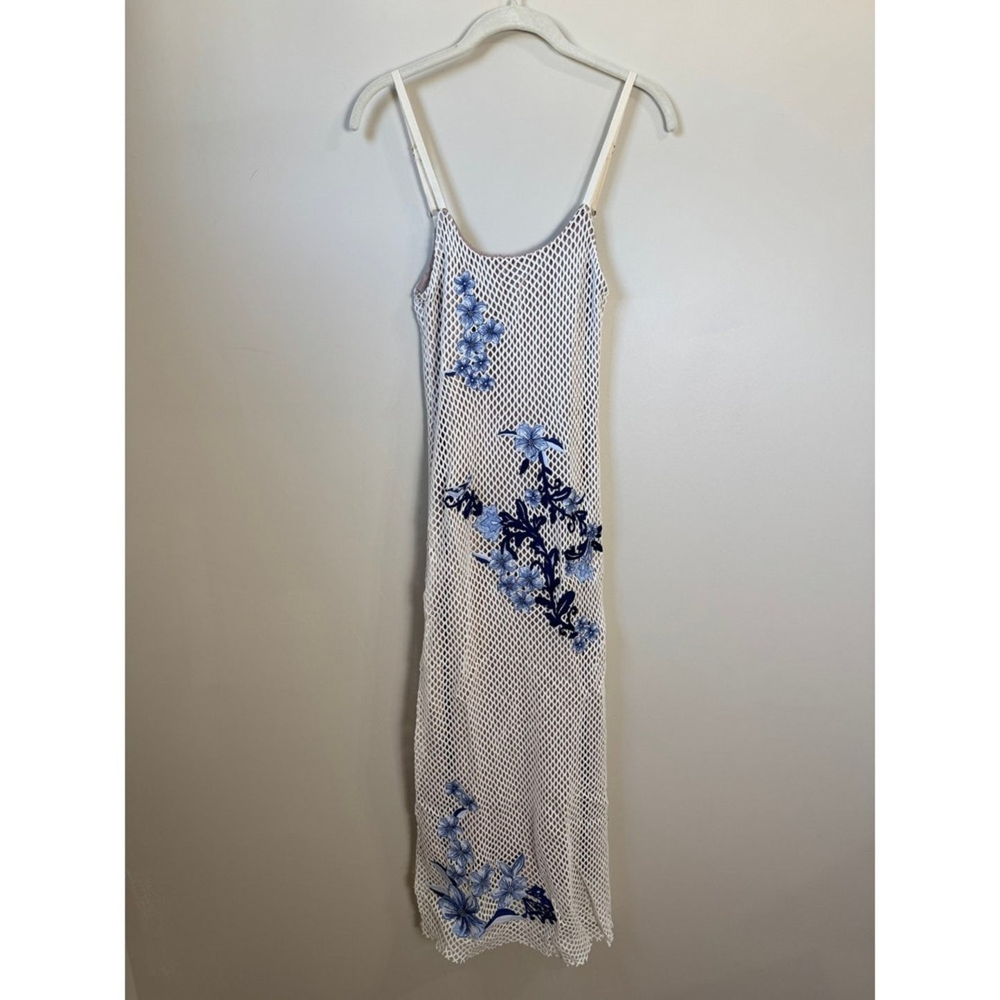 Agua Bendita White Fishnet Mesh Blue Floral Embroidered Midi Dress Bodycon Lined