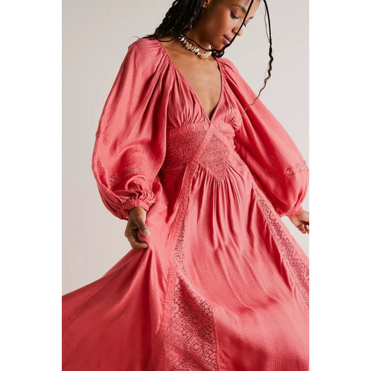 Free People South West Lace Maxi Boho Dress in Rose Small Long Sleeve V-Neck