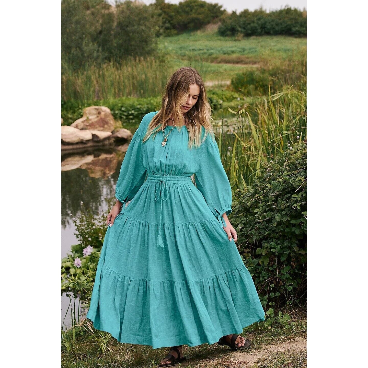 Free People Ibiza Sun Dress Midi in Mermaid Green Medium Long Sleeve Backless