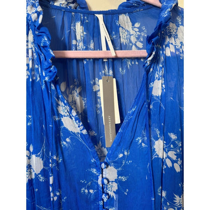 Anthropologie Blue Floral Tiered Maxi Dress Long Sleeve Ruffle V-Neck Boho NWT