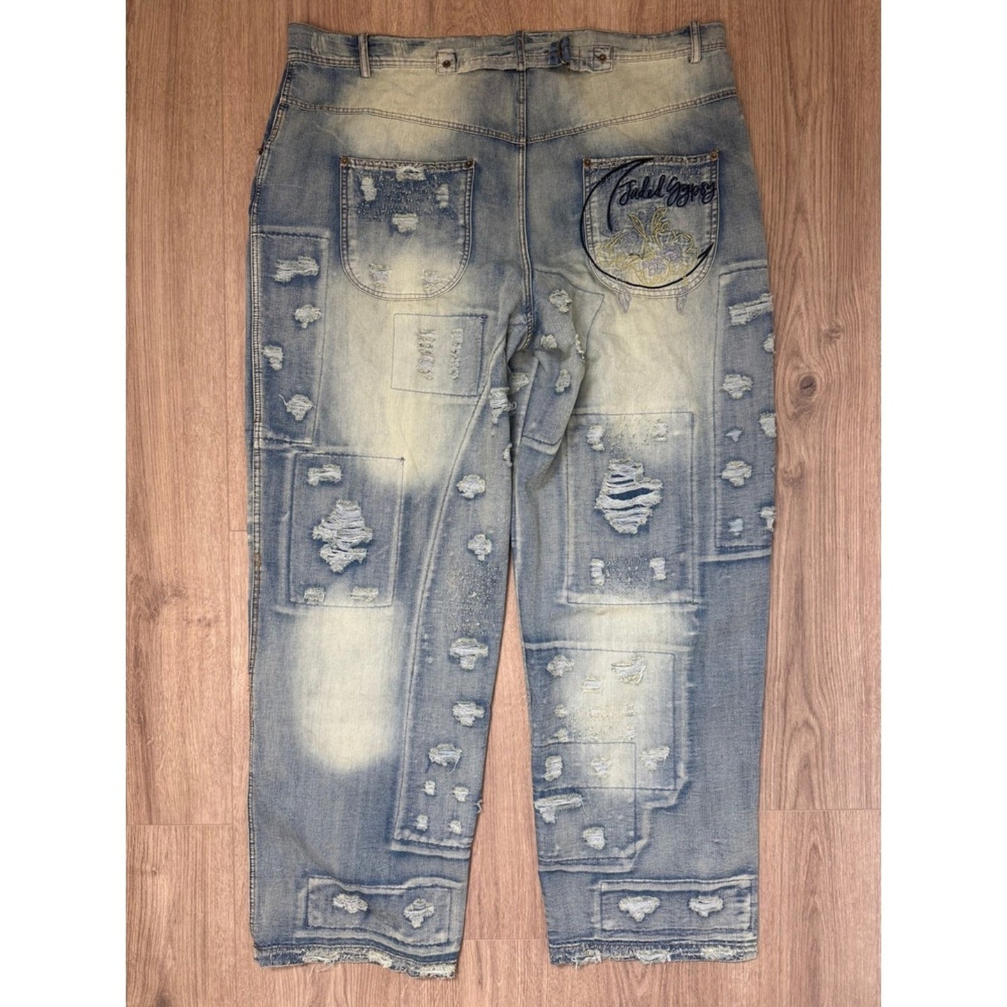 Jaded Gypsy Peace & Love Distressed Patchwork Jeans Medium Wash L/XL NEW
