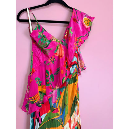 FARM Rio Midi Dress Mixed Flowery Ruffle One Strap Size XS Floral Summer Party