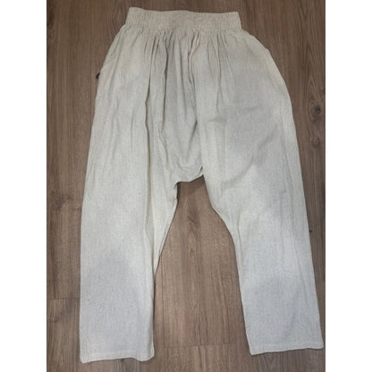 Jaded Gypsy Striped Linen Harem Pants Cream Grey Drop Crotch Boho Tapered Leg L
