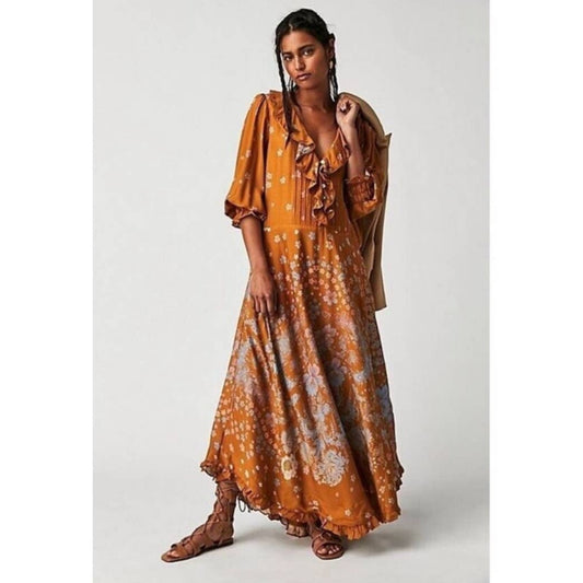 Free People Talsey Boho Floral Peasant Ruffled in Gold Small Floral 3/4 Sleeve