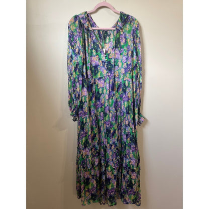 Anthropologie Tiered Floral Maxi Dress Purple Green Boho  V-Neck Long Sleeve