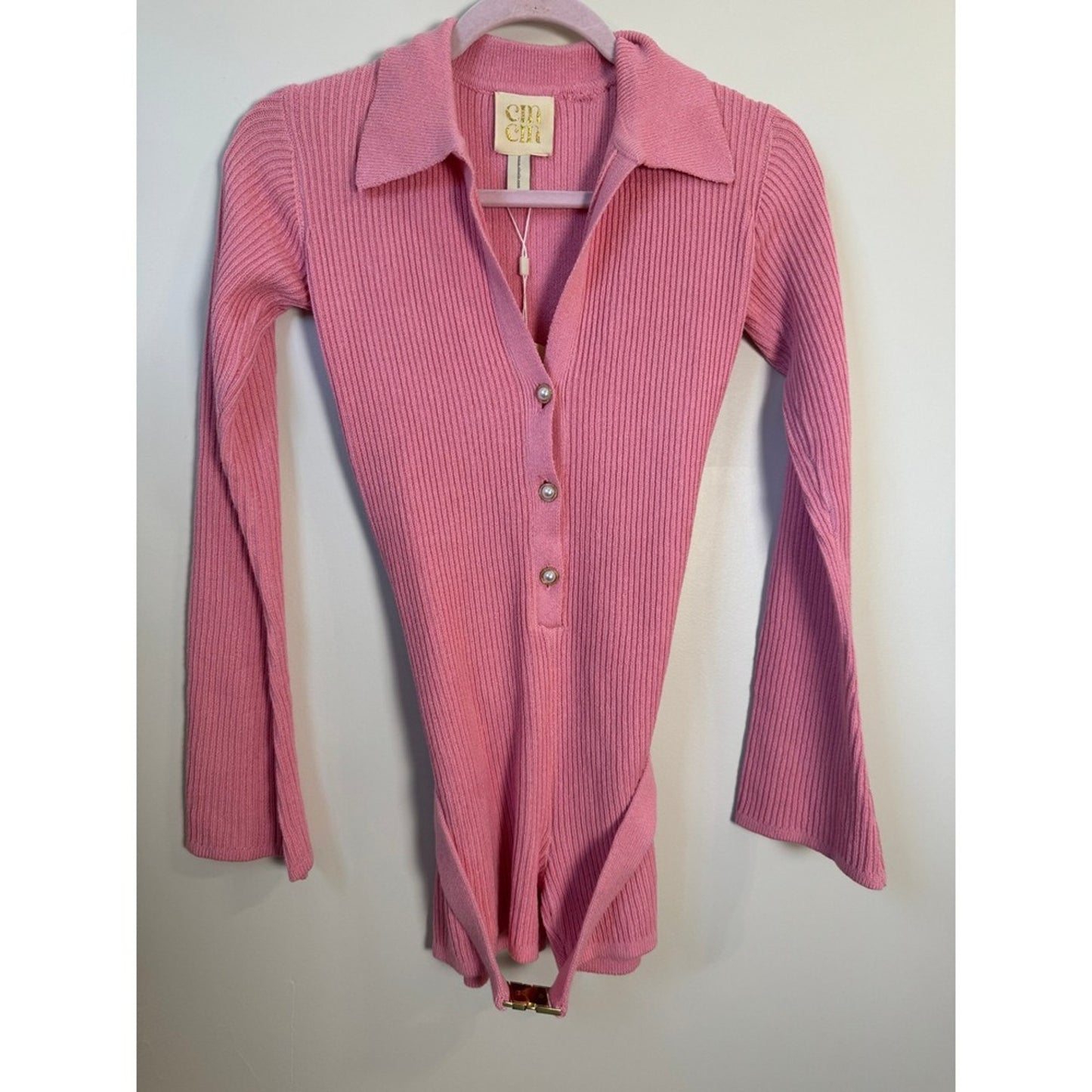CIN CIN Pink Ribbed Knit Button Front Long Sleeve Belted Romper Size Small
