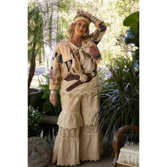 Jaded Gypsy Boho Tiered Eyelet Lace Wide Leg Pants Beige Ruffle Lagenlook Pants