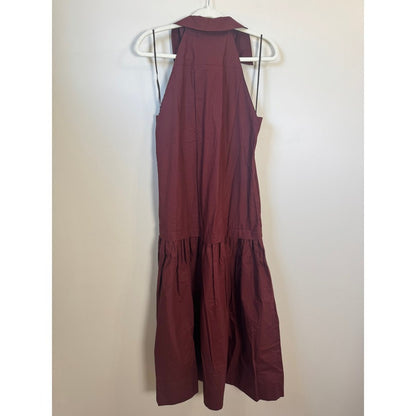 ALC Burgundy Cotton Poplin Halter Midi Dress Sleeveless Drop Waist Pocket Red M