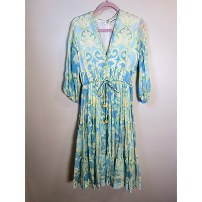 NEW Alexis Vilas Blue and Green Long Sleeve Printed Maxi Dress Size Small