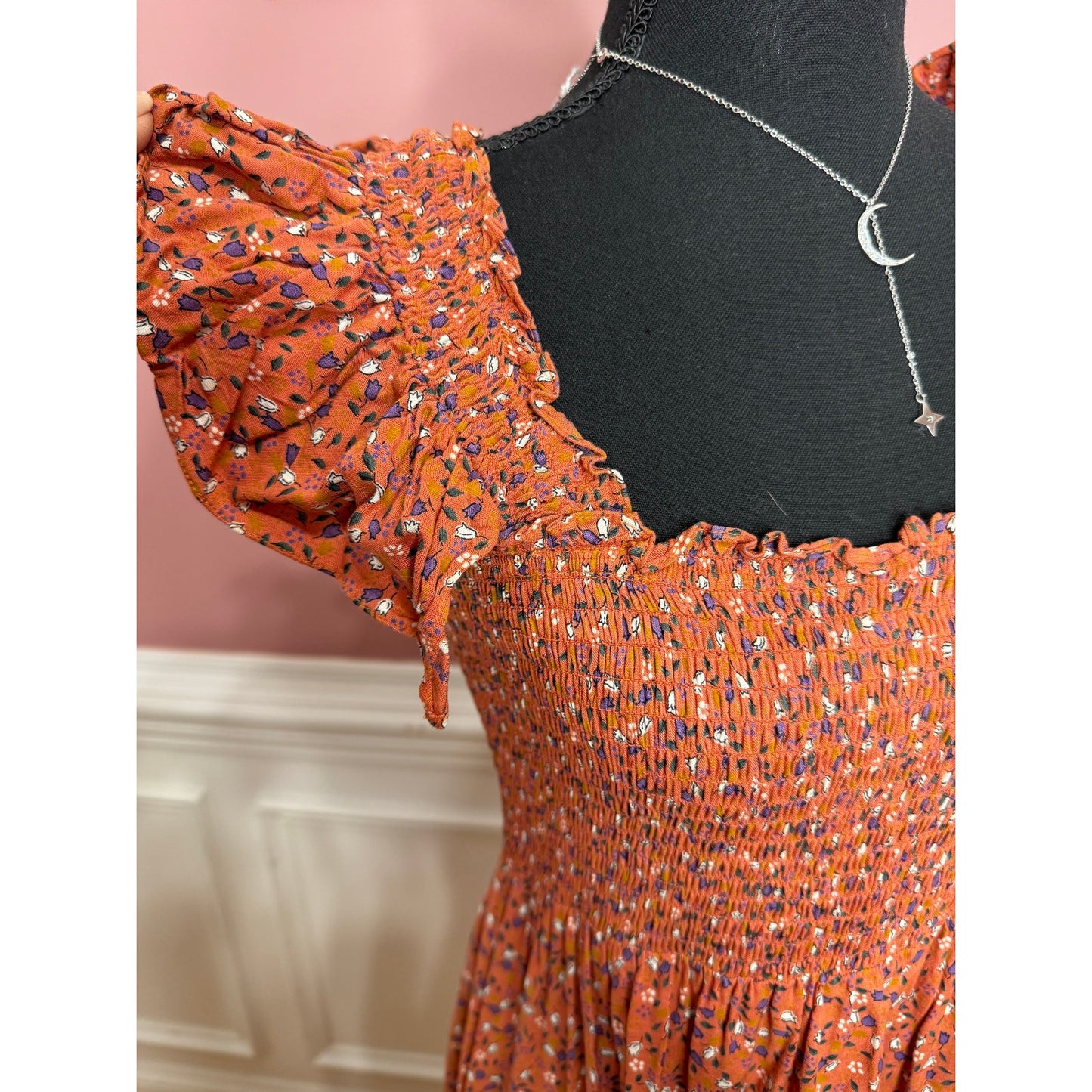 byTimo Floral Maxi Dress Orange Floral Small Short Sleeve Ruffle Smocked Cotton