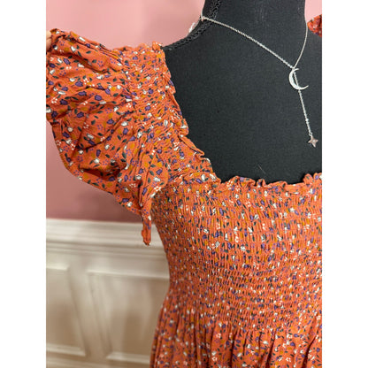 byTimo Floral Maxi Dress Orange Floral Small Short Sleeve Ruffle Smocked Cotton
