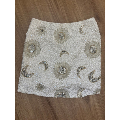 Show Me Your Mumu Celestial Sun Moon Sequin Beaded White Mini Skirt Silver
