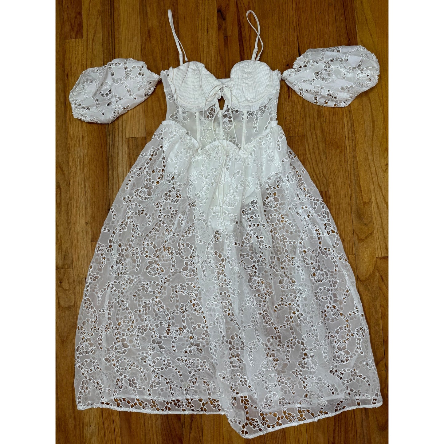 For Love & Lemons Romi Midi Dress in White Small Floral Eyelet Puff Sleeve