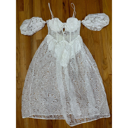 For Love & Lemons Romi Midi Dress in White Small Floral Eyelet Puff Sleeve