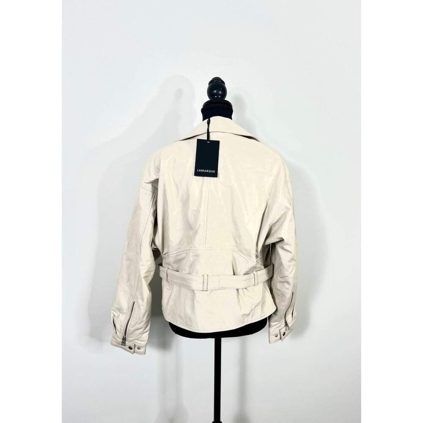 LAMARQUE Daniela Motorcycle Jacket‎ in Bone Small Leather Full Zip Belted Lined