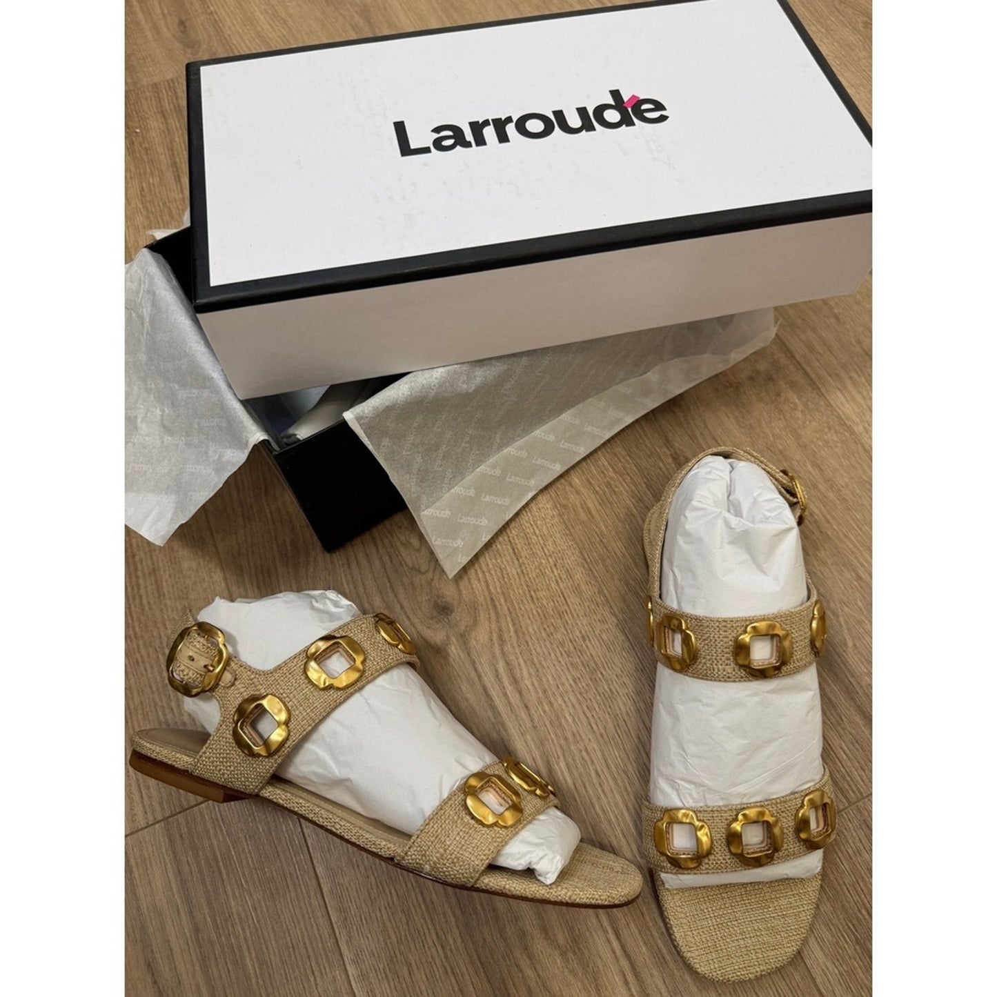 Larroude Womens Raffia Flat Sandals Gold Hardware Slingback Beige 6.5