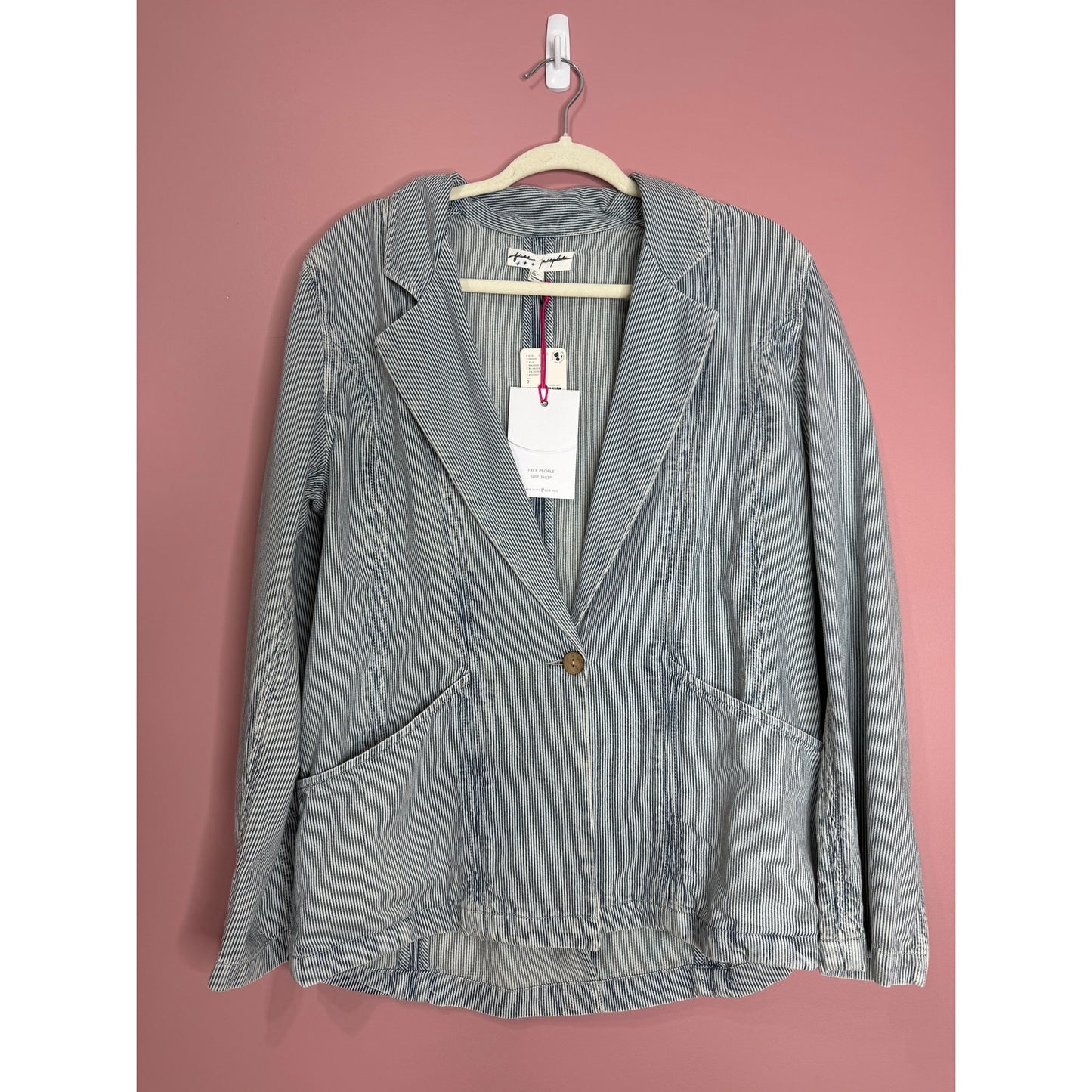 Free People Wanderlust Denim Suit Set in Blue Pinstripe Size 0 Pockets Cotton