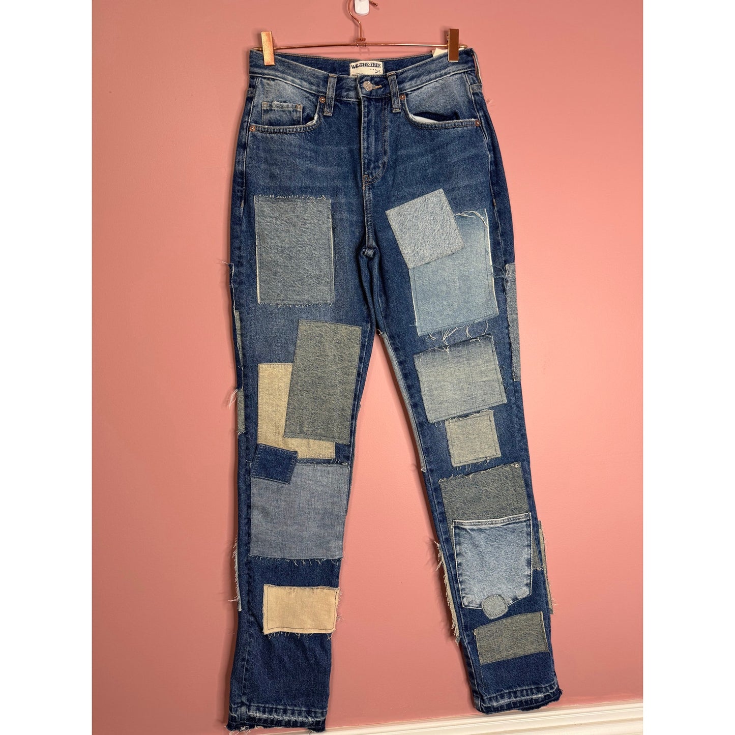 Free People Bare With Me Jeans Size 25 Denim Mid-Rise Straight Leg Patchwork