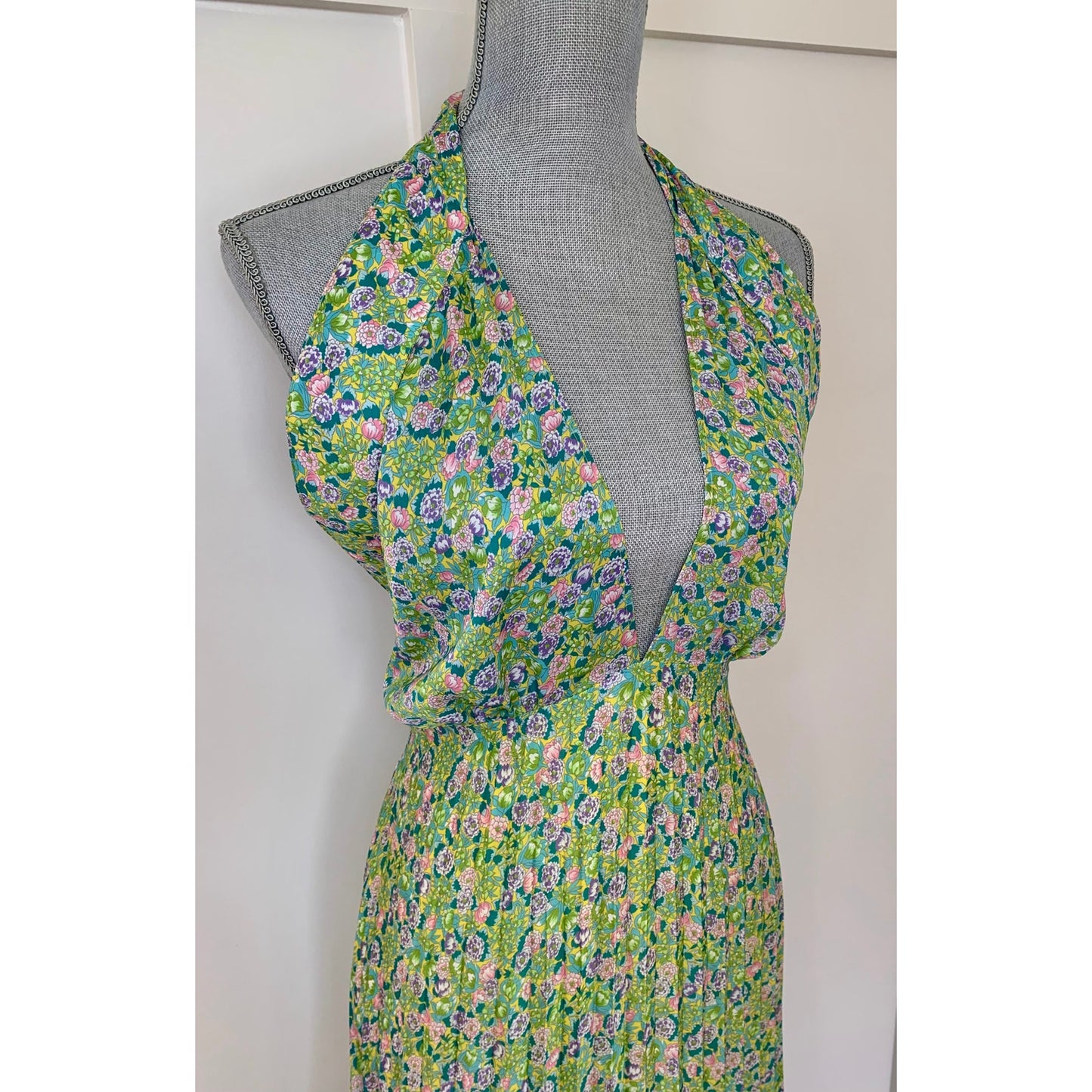 By Timo Plisse Halterneck Maxi Dress in Green Garden Large Floral Lined Party