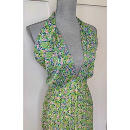 By Timo Plisse Halterneck Maxi Dress in Green Garden Large Floral Lined Party