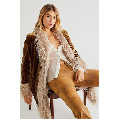 Understated Leather x Free People Moon Glow Faux Fur Duster Coat Gold XL