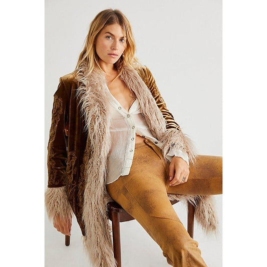 Understated Leather x Free People Moon Glow Faux Fur Duster Coat Gold XL
