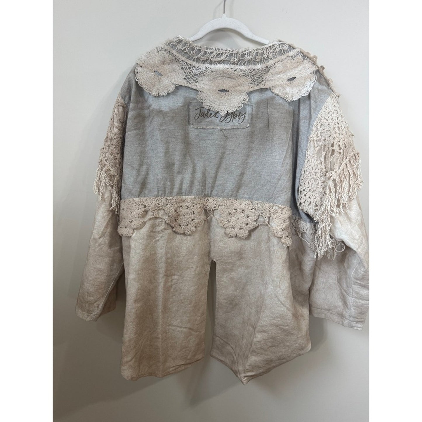 Jaded Gypsy Boho Crochet Lace Fringe Jacket Linen Blend Neutral Mixed Media S/M