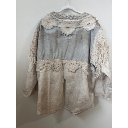 Jaded Gypsy Boho Crochet Lace Fringe Jacket Linen Blend Neutral Mixed Media S/M