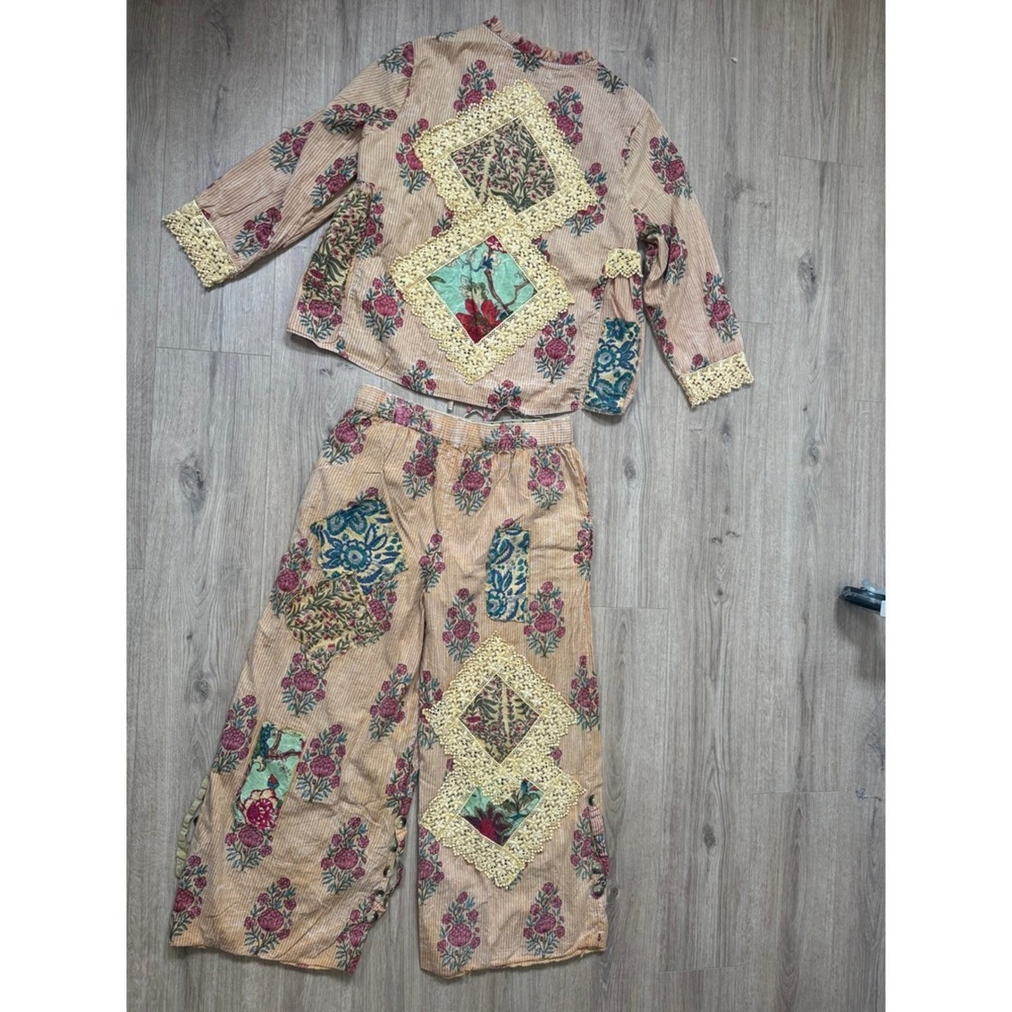 A Rare Bird Floral Patchwork Jacket and Wide Leg Pants Set Bohemian Peach