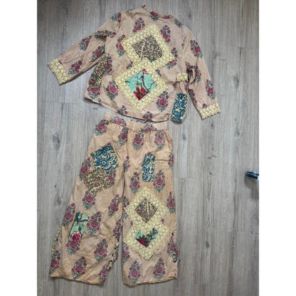 A Rare Bird Floral Patchwork Jacket and Wide Leg Pants Set Bohemian Peach