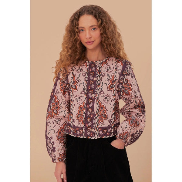 FARM Rio Quilted Jacket Pink Paisley Print Button Front Cropped Balloon Sleeve L