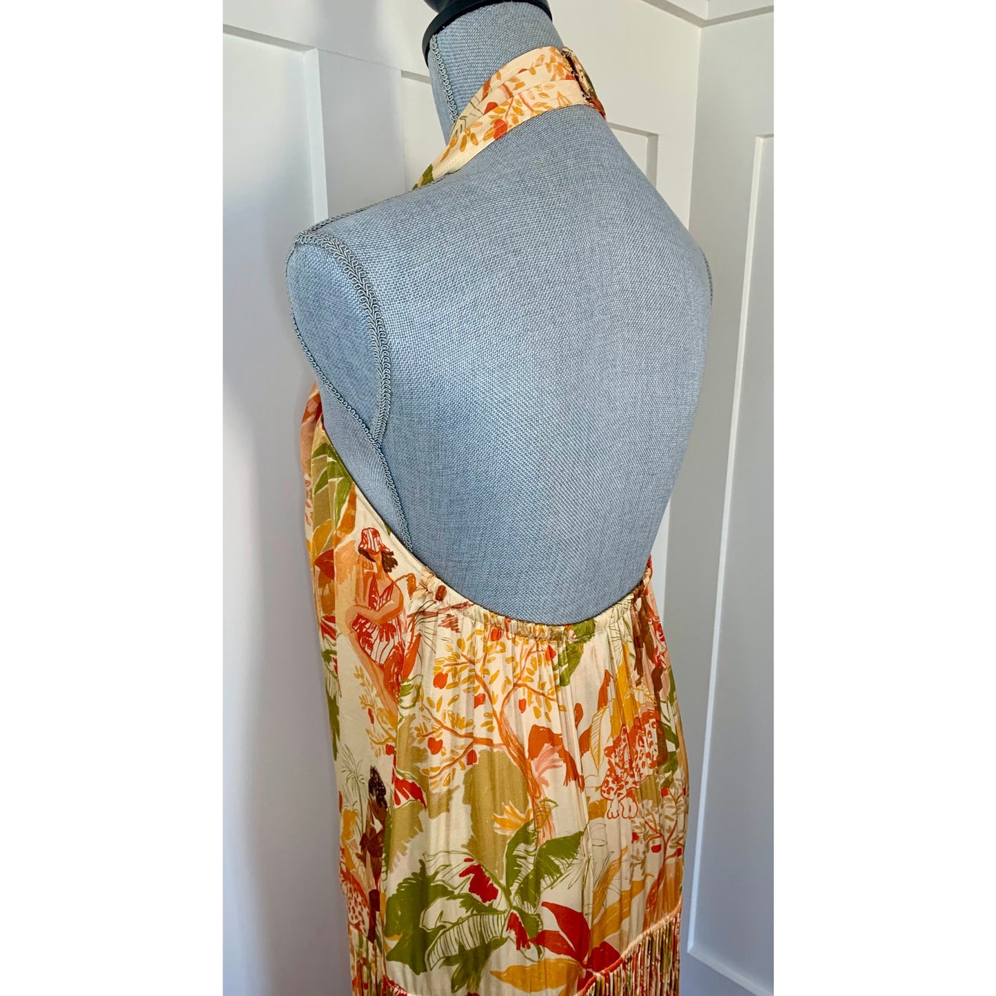 Farm Rio Leopard Forest Sand Mini Dress Multicolor Medium Halter Fringe Hem