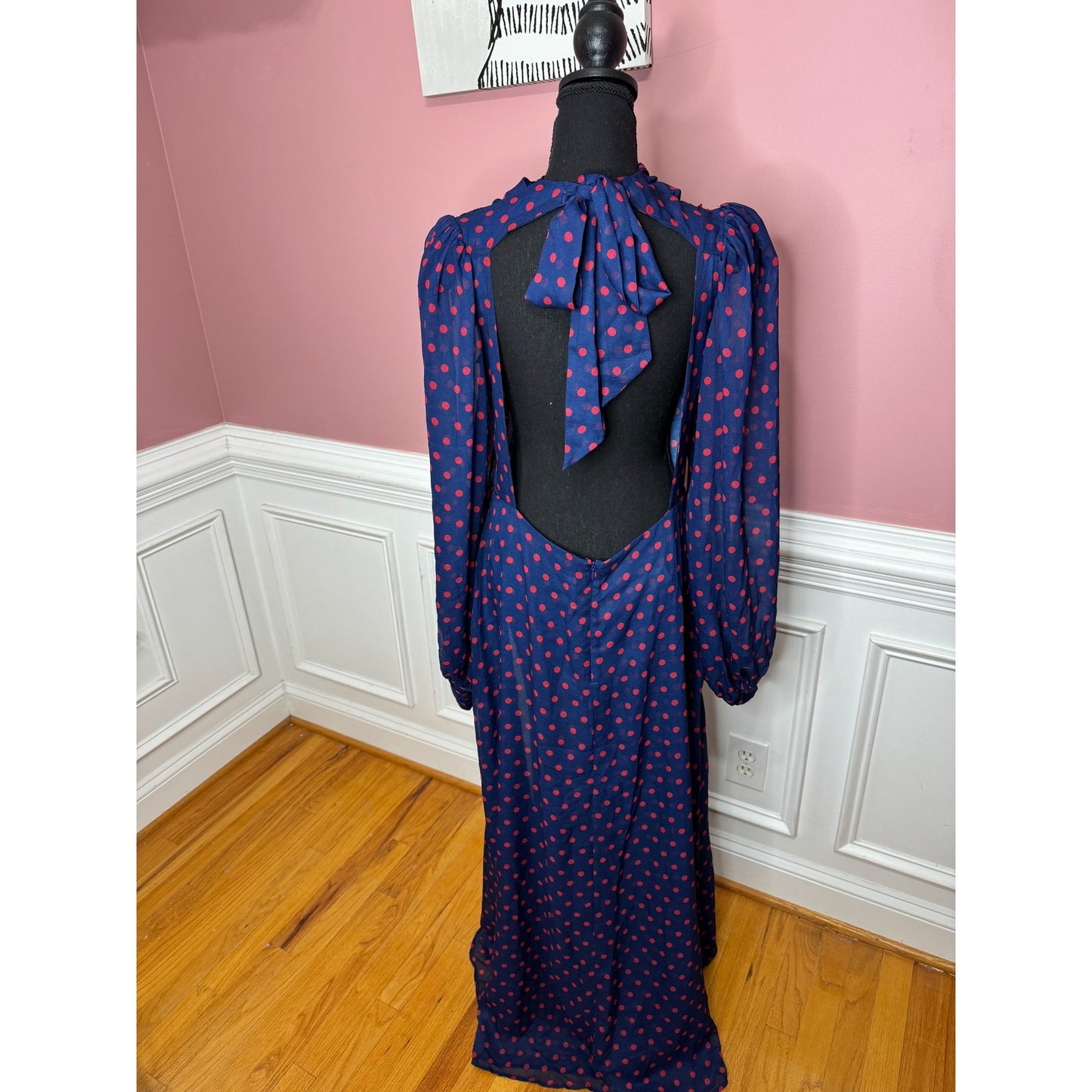 For Love & Lemons Mavis Maxi Dress Purple Polka Dots Large Long Sleeve Backless