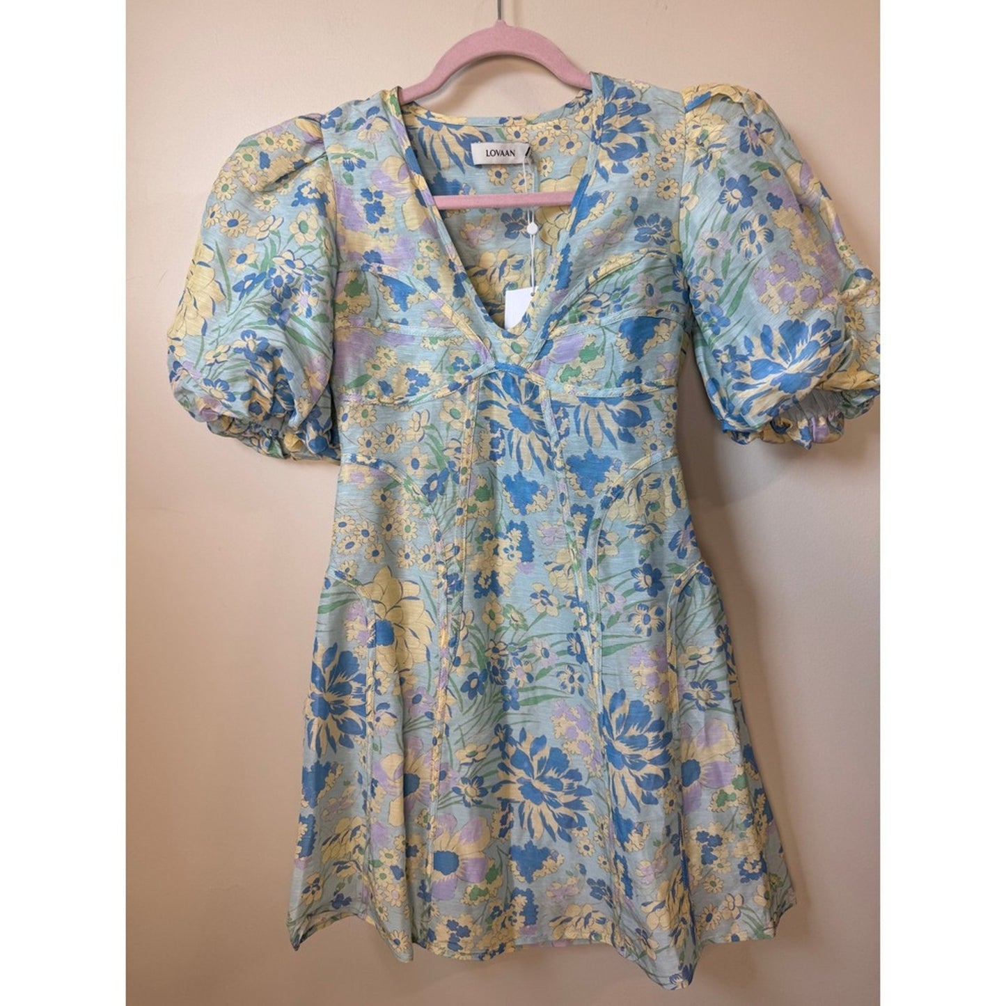 Lovaan Floral Puff Sleeve Mini Dress Blue Yellow V-Neck Summer Garden Party NEW