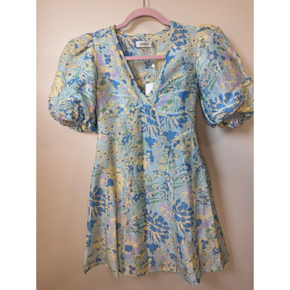 Lovaan Floral Puff Sleeve Mini Dress Blue Yellow V-Neck Summer Garden Party NEW