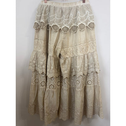Jaded Gypsy Boho Tiered Eyelet Lace Wide Leg Pants Beige Ruffle Lagenlook Pants