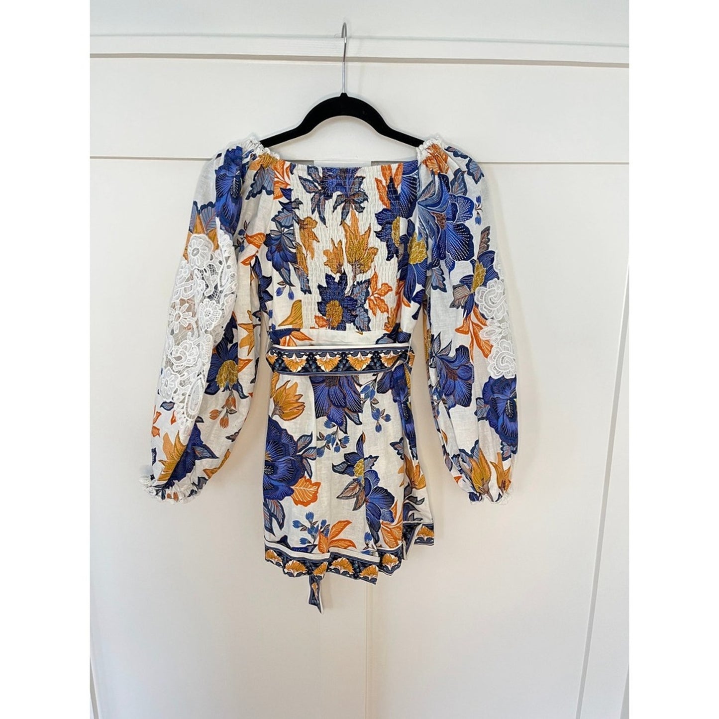 FARM Rio Mixed Print Square Neck Puff Sleeve Belted Mini Dress XS