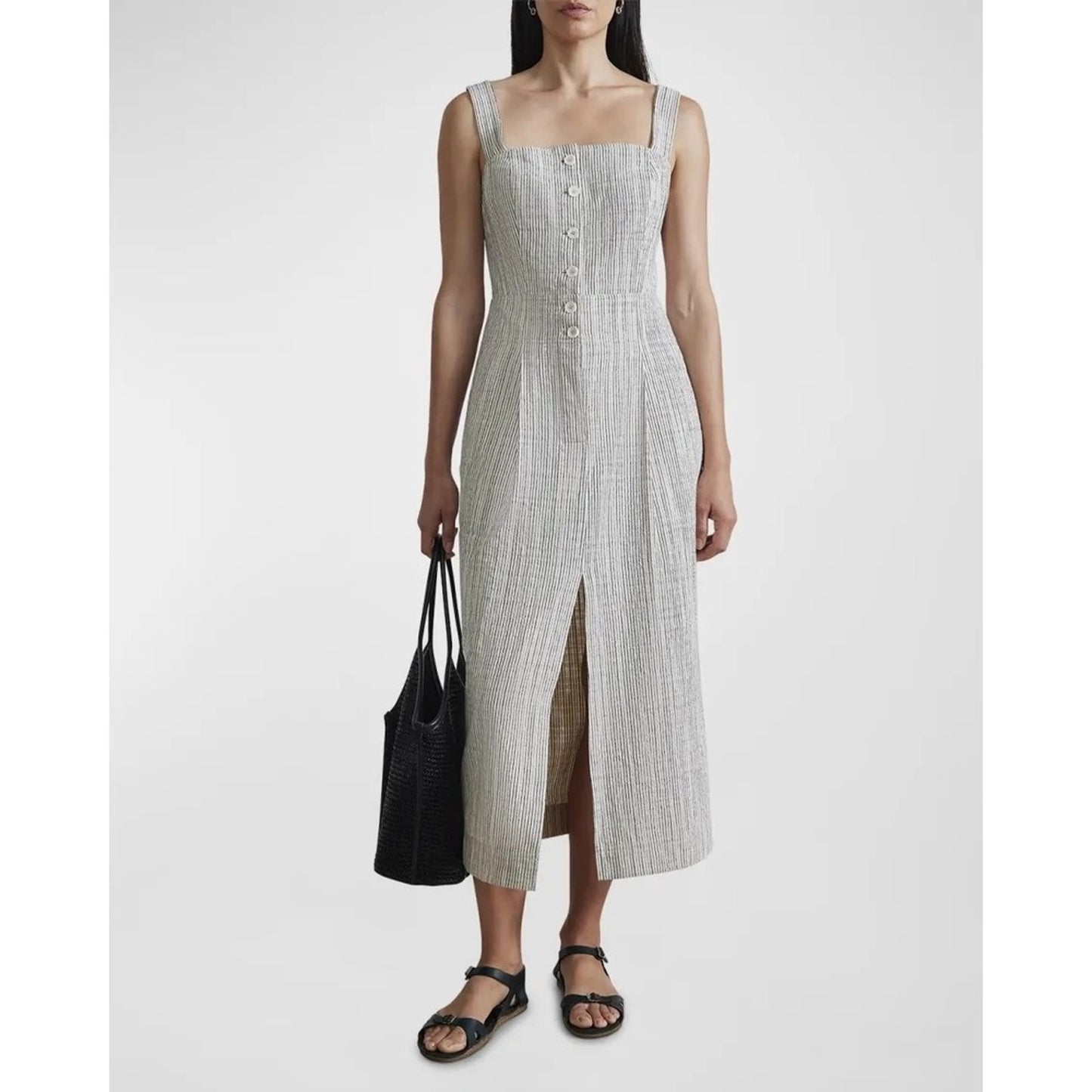 APIECE APART Striped Square Neck Button Front Midi Dress Size 4 Linen Blend