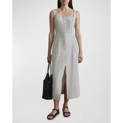 APIECE APART Striped Square Neck Button Front Midi Dress Size 4 Linen Blend