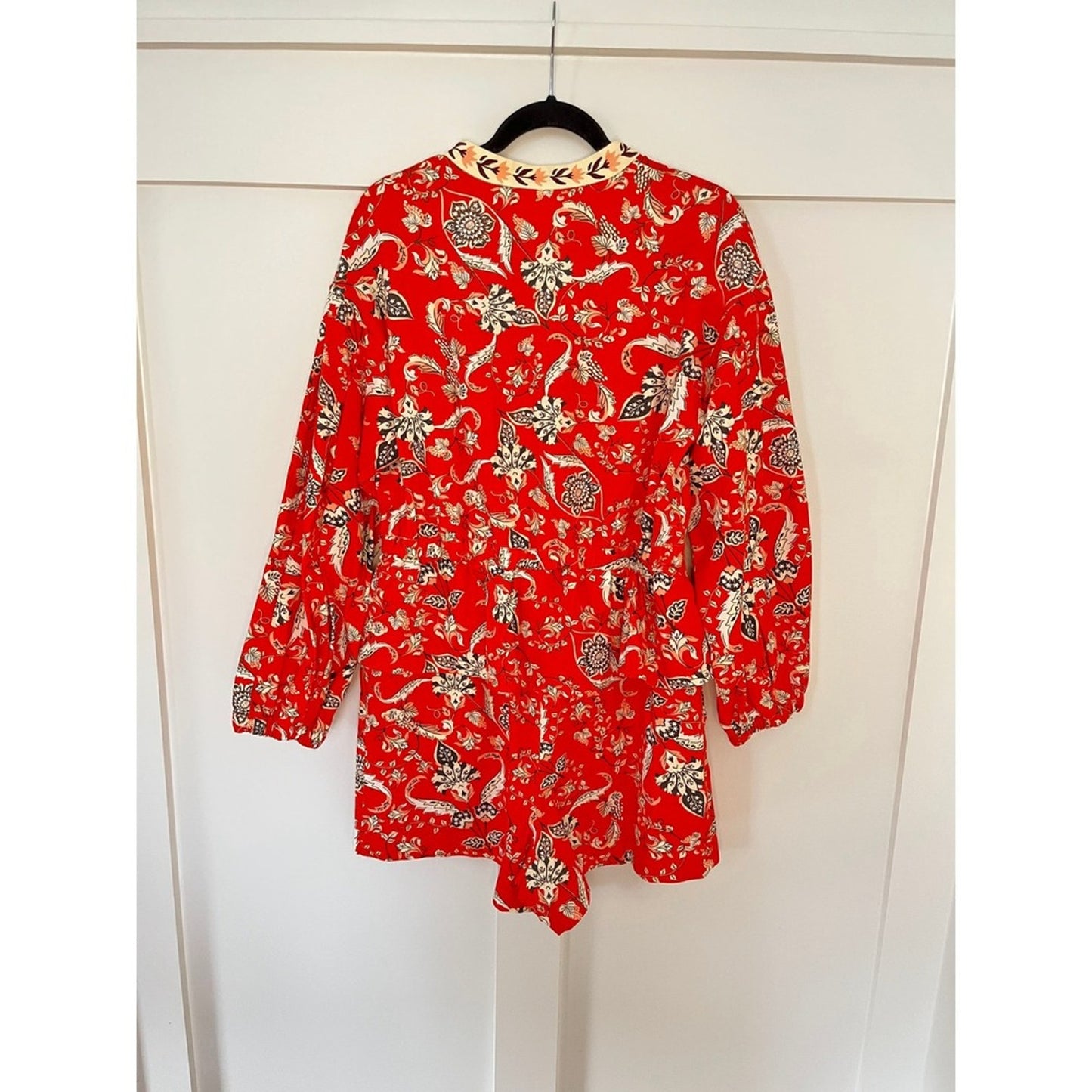 Farm Rio Printed Kimono Style Romper Shorts Orange Black White